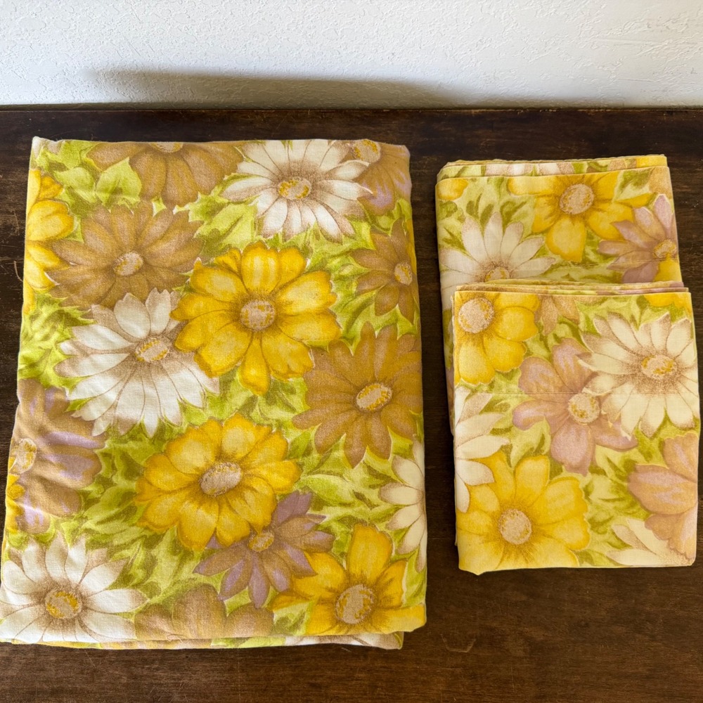 Retro 70s Cannon Monticello Muslin Queen Flat Pillowcases Sheet MOD Hippie Daisy